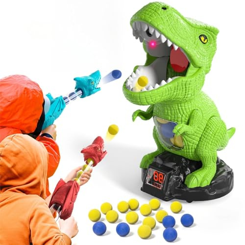 BLmukce Jouet de tir Dinosaure pour garçon de 2, 3, 4, 5, 6, 7 Ans, avec Lanceur de Pompe à air, Cible Mobile et 48 Boules en Mousse, Jeux d'extérieur/arrière-Cour avec Score LED et Son