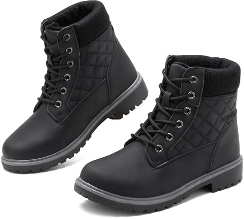 Adokoo Waterproof Ankle Boots for Women Fall Winter Snow Black Combat Boots Lace Up Non Slip for Hiking Work US11 Black