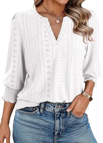 Dokotoo White Blouse Trendy Tops for Women 3/4 Length Sleeve Tshirts 2026 Summer Spring Dressy Casual V Neck Boho Womens Tops Plus Size Work Hollow Out Ladies Clothing Blouses White