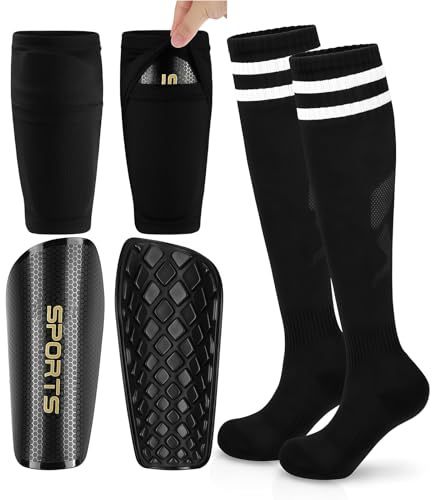 Vesavifaka Set de espinilleras de fútbol para niños, espinilleras Juveniles con Bolsillos y Calcetines de fútbol para niños y niñas de 6 a 9 años, Equipo de protección Ligero