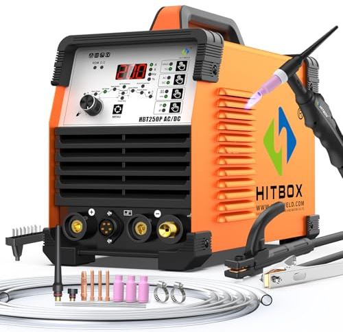 HITBOX Soldadora TIG 6 en 1 AC/DC, 200 A, Función Pulsada, Tecnología Inversor IGBT, Control Digital 2T/4T, Nueva Versión para Aluminio, Acero Inoxidable y Acero (HBT250P AC/DC)