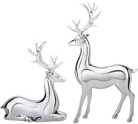 2Pcs Reindeer Christmas Decorations Multi Color, A Pair of Resin Reindeer Figurines - Shiny Electroplated Metal Surface, Non-Fading, Christmas Deer Ornaments for Living Room, Bedroom, Desktop (Silver)
