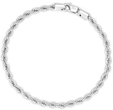 Cheria 925 Sterling Silver Bracelets for Man, 4mm Twist Rope Chain Men’s Bracelets, Men's Jewellery Boyfriend Dad Gifts for Him 18CM