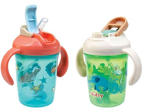 Nuby 2-in-1 Toddler Cup with 360° Weighted Straw & Hard Spout - (2 Pack) 8 oz - Leak-Resistant & Easy Grip Handles - Dishwasher Safe - Jungle/Ocean