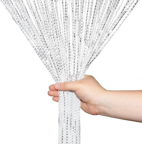 XWCHASA White String Door Curtain, 95cm x 200cm Fly Curtain | Glitter Fringe Panel Room Divider, Door Streamers to Keep Flies Out for Doorway, Windows, Home Décor, Party Decoration
