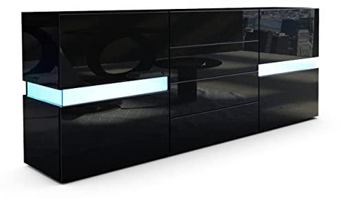 Vladon Sideboard Flow, Noir Haute Brillance/Noir Haute Brillance y Compris LED - Commode Moderne avec vitrage Ambient Light pour Votre Espace de Vie (177 x 75 x 39 cm)