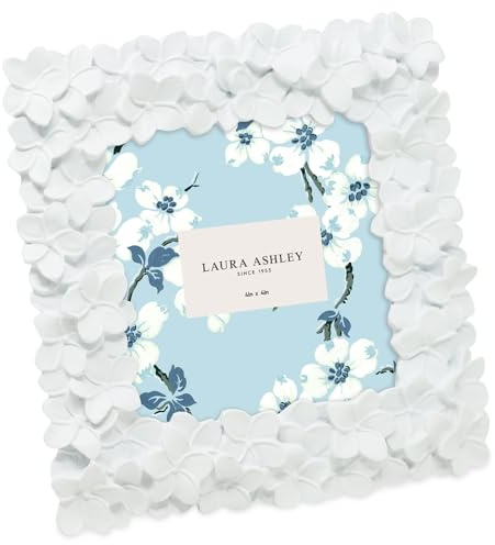 Laura Ashley 4x4 White Flower Textured Hand-Crafted Resin Picture Frame w/Easel & Hook for Tabletop & Wall Display, Decorative Floral Design Home Décor, Photo Gallery, Art (4x4, White)