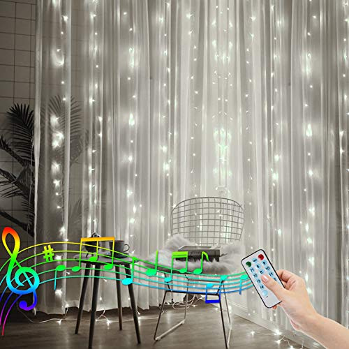CORST LED ljusgardin 2M x 2M batteridrivet rum fönster bakgrund gardin ljus, musik aktiverad LED-gardinlampor fönsterlampor för Thanksgiving jul inomhus utomhusdekor(Vit)