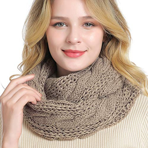 QUEENFUR Winter Women Thick Cable Knit Ribbed Infinity Circle Loop Scarf Matches with Beanies (Khaki)