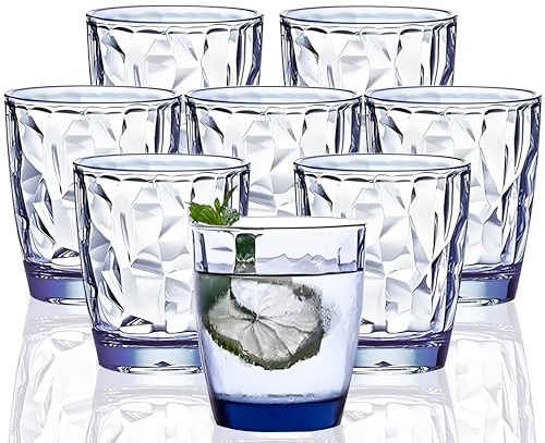VEILEDGEM [Sembra di vetro] 300 ml 8-Pezzo impostato Shatter resistente sicuro Coppa di plastica Nessun BPA Può essere lavato nella lavastoviglie (blu)