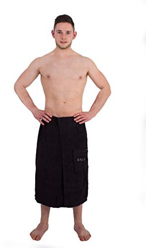 Julie Julsen Saunakilt für Herren 70 x 160 cm Druckknöpfen und Gummizug 100% Baumwolle Tasche aufgesetzt Schwarz