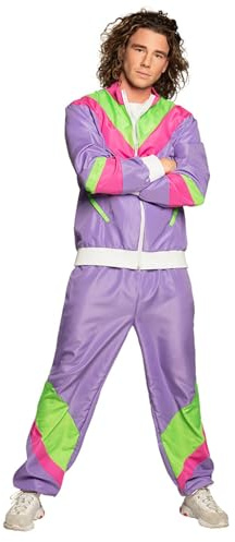 Boland - Disfraz de chándal de los años 80, morado | Chaqueta y pantalón, brillan bajo la luz negra, conjunto retro, chándal, carnaval, disfraz para grupos de adultos