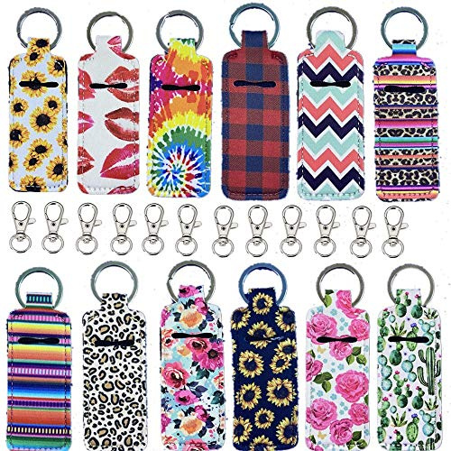 24pcs Lip Balm Chapstick Holder Keychain 12 pcs Wristlet Lanyards 12 pieces Neoprene Lipstick Protective Cases Cover Portable Balm Holders for Girls Women