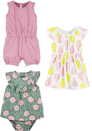Simple Joys by Carter's Barboteuse, Combinaison d'été et Robe pour bébé Fille 3 pièces, Pois/Fleurs/poires, 0-3 Mois