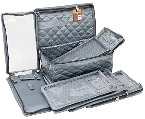 atorakushon Satin Makeup Kit Travel Jewelry Organizer Locker Box Pouch Clutch Bag for Necklaces Earrings Rings and Bracelets Grey Color
