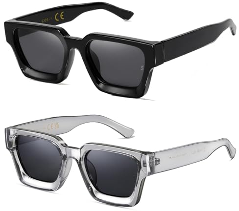 SHEEN KELLY 2PCS Retro Dicke Rechteck Chunky Sonnenbrille Frauen Männer Trendy Narrow Square Schwarz Tortie Frame Mode 90er Jahre Y2K Brillen