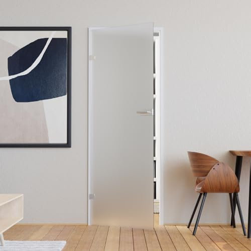 Glastür Komplettset mit Beschlag 959 x 1972 mm Milchglas weiß - Glastüren aus ESG Glas 8mm satiniert - Innentür Glas mit Türgriff Edelstahl eckig mit Buntbart DIN links