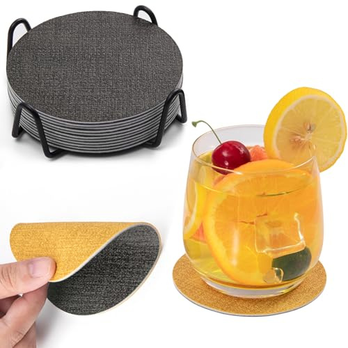 Chitomars Untersetzer Gläser 12er Set, Doppelseitigen Leder Untersetzer Rund rutschfest Glasuntersetzer Abwaschbare Getränkeuntersetzer Kunstleder Glas Untersetzer-Set (Grau Gelb, Rund)