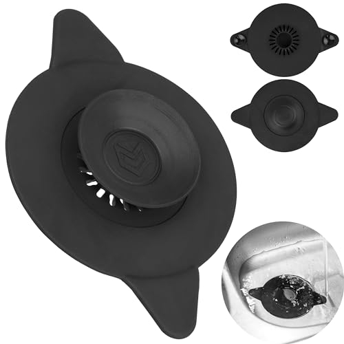 Universal Abfluss Stöpsel, 1 Stück, Ø 11 cm, Schwarz, Silikon, für bis Ø 100 mm Ventilablauf, mit Saugnäpfen, Essensreste - und Haarsieb Filter, Ablauf Sieb Spüle, Waschbecken, Badewanne, Stopfen Bad