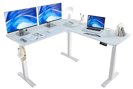 ERGOMAKER Eckschreibtisch Höhenverstellbar Schreibtisch L Form L-förmiger Schreibtisch Höhenverstellbar,129 x 129cm, L-förmiger Tisch Elektrisch Einzelmotor 3 Beine Weiß