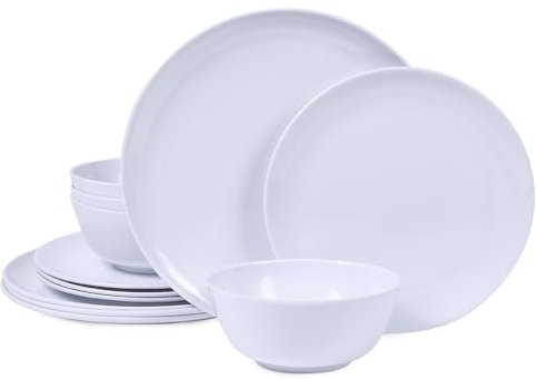 Lechoo Set di stoviglie in melamina, set di piatti e ciotole da 12 pezzi, set di piatti per 4, set di stoviglie bianche, lavabili in lavastoviglie, uso interno ed esterno, resistenti alla rottura e