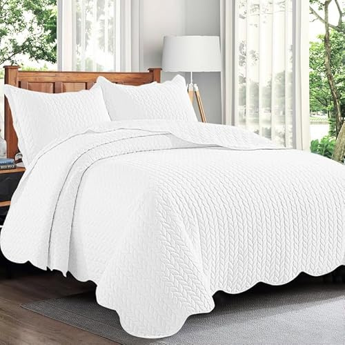 Cozy Haven Quilt Mono Bedspread 3 Pieces Set – Coverless Quilted Leaf Motif Bedspread, Comforter Throw, Summer and All-Season Lightweight Bedding Sets, with 2 Pillow Shams (Double, White)