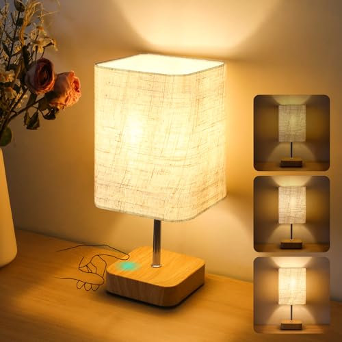 Totofac Touch Bedside Table Lamp, Dimmable Touch Control Nightstand Lamps,Small Lamp Wood Base Beige Flaxen Fabric Shade for Bedroom,Living Room,Office,Dimmable Bulb Included