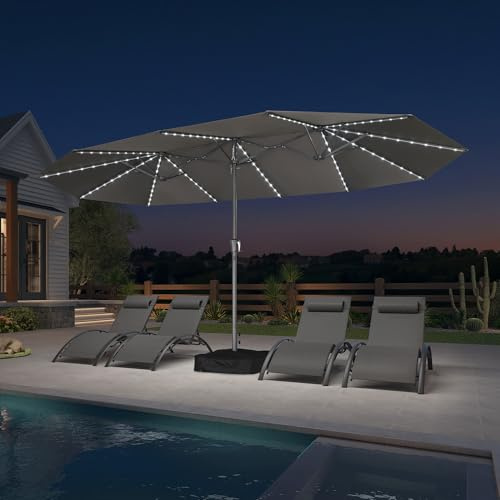 PURPLE LEAF Parasol de Jardin Extérieur 455 x 270 cm en Aluminium, Grand Parasol Double avec LED et Pied, pour Terrasse, Jardin, Balcon et Piscine, Gris clair