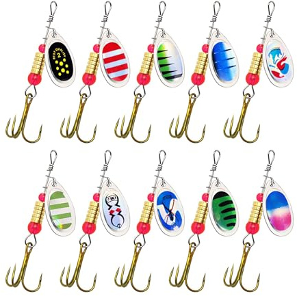 RTRTGS 10pcs Kit d'appâts de Pêche Portable, Cuillères Tournantes, Plastique, Vairon, Popper, Souples, Têtes Plombées, Crochets de Pêche, Idéal pour Brochet, Perche, Truite et Sandre
