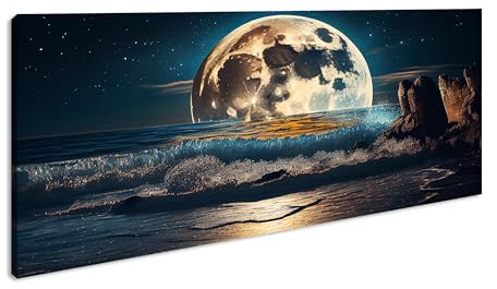 Luna gigante reflejada en las olas rugientes del mar. Impresión artística XXL panorámica de 80 x 40 cm sobre marco de madera/lienzo/mural/decoración de salón