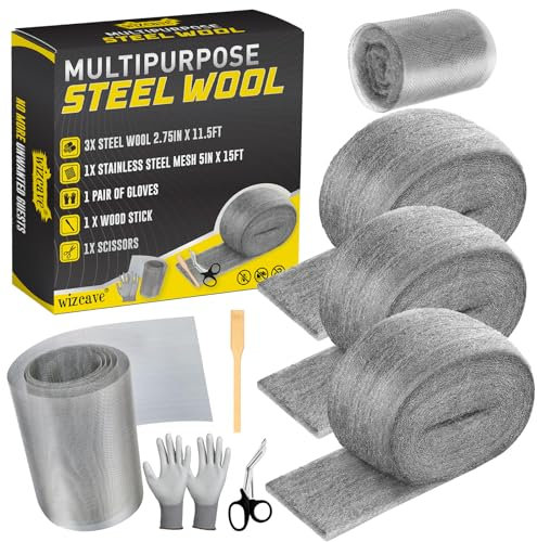 Wizcave Steel Wool Mice Control - 3 Pack Steel Wool 0000 & 1 Pack Wire Mesh with Wooden Stick & Gloves & Scissors, Mouse Hole Filler for House & Garden, Fine SteelWool for Polishing Chrome, Glass