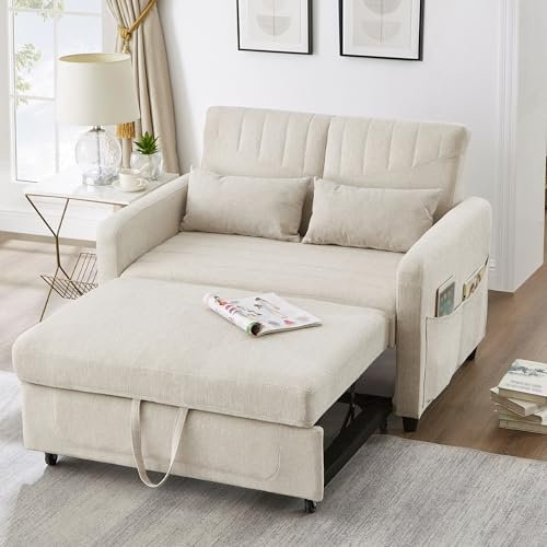 Divano a due posti con funzione letto, divano pieghevole con schienale regolabile, divano letto estraibile, divano letto con contenitore, piccoli divani per piccoli spazi, 114 x 77 cm, beige