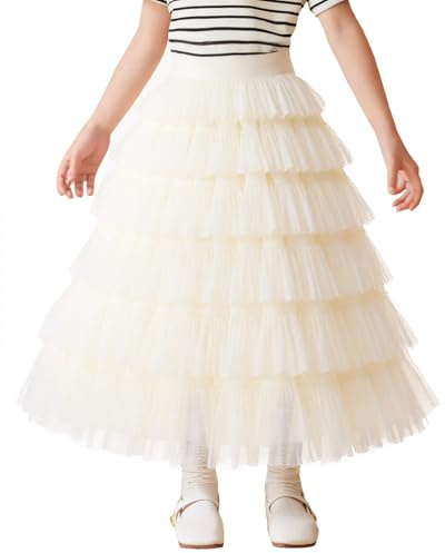 NEAWEALY Falda de tul para niñas, falda de pastel, falda de tutú, falda de princesa, falda de cintura alta, falda escalonada, falda de longitud media, falda de verano, falda de línea A, beige, 5-6