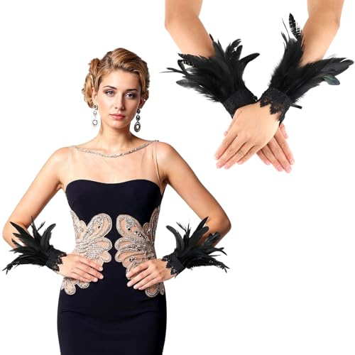WLLHYF Schwarze Spitzenhandschuhe mit Federn, Hexenengel-Kostüm, Gothic-Mesh-Armband, Manschette, Hochzeitsaccessoire für Frauen, Halloween, Cosplay(Schwarz)