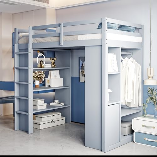 Idemon Cama alta para niños de 90 x 200 cm, con estantes de varios niveles, con perchas simples y compartimentos de almacenamiento, con 1 carrito organizador extraíble, mucho espacio de almacenamiento