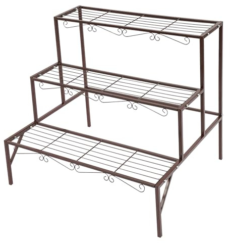 WooDerson Escalier pour plantes à 3 niveaux, en métal, style escalier, grande étagère d'exposition pour pots de fleurs, étagère à plantes, étagère pour balcon, terrasse, jardin, salon (bronze)