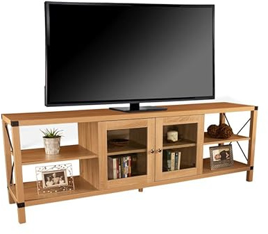 MMT TV Stand Cabinet 180cm, Oak, TV units for Living Room, Modern TV Console Table with Glass Door Storage Cabinets - Long TV Unit, Rustic Farmhouse Style - Fits Up to 85” LCD TVs