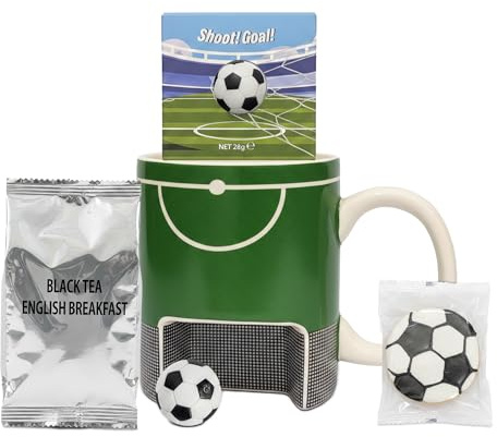 Football Mug Gift Set for Stocking Fillers - Ceramic Decorated Mug, Biscuits, Toy & Tea Bags. Unique Gifts for Men, Dad Birthday Gifts