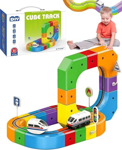 Circuit de Train électrique, Circuits de Course magnétique Flexible, Train Circuit Voiture Électrique Enfant, Jeu de Piste Voitures de Course Cadeau Garçon Fille (51pcs)