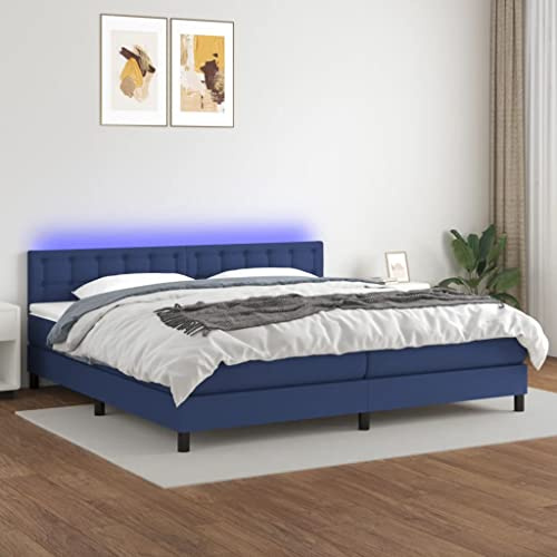Tonture resårsäng med madrass och LED, blå, 200 x 200 cm, tygöverdrag, höjdjusterbar sänggavel, fickfjädermadrass, madrassdyna, moderna sovrumsmöbler