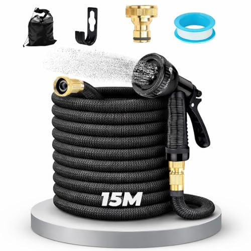Manguera de Jardín 15 m – Flexible y Resistente, Antienredos y Antifugas, con Boquilla de Pulverización y Conectores para Riego en Exteriores.