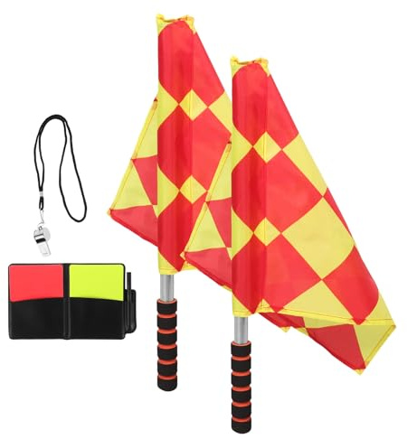 MOBUTOFU Set Completo Arbitro Calcio con Cartellini Rossi e Gialli Bandiere a Scacchi in PVC Fischietto in Acciaio Inox e Custodia per Partite Ufficiali