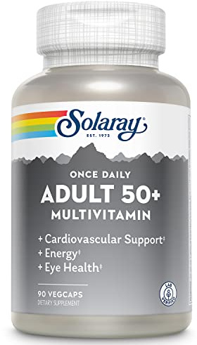 Solaray Once Daily Adult 50+ Complete Multivitamin for Women & Men, Essential Vitamins & Chelated Minerals for Healthy Energy, Heart, Brain & Immune Support, With CoQ10 & Lutein, Iron Free, 90 VegCaps