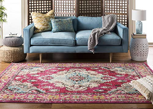 SAFAVIEH Tapis Boho pour Salon, Salle à Manger, Chambre à Coucher - Monaco Collection, Tapis à Poil Court, Rose et Multi, 122 X 170 cm