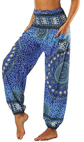 Nuofengkudu Mujer Pantalones Hippies Tailandeses Estampado Verano Cintura Alta Elastica con Bolsillos para Yoga Casual Azul Flor