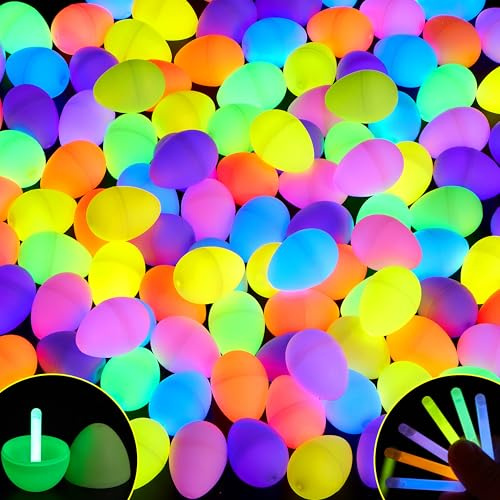 JOYIN 72 pezzi di uova plastica di Pasqua preriempite con mini bastonici luminosi al buio per Pasqua bomboniere per bambini