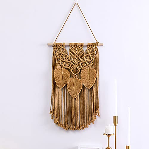 Tapisserie Murale en Macramé Décor Boho,Coton Tissée à La Main Tenture Murale en Macramé Décor Mural Suspendu,Plume Tapisserie Tissé,Bohème Macrame Décor Géométrique-Marron 35x60cm