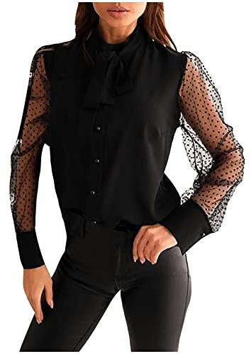 Blusa de Mujer Elegante de Negocios - Gasa Cuello Redondo Monocolor Sólido - Camiseta Manga Larga Suelta de Malla Transparente - Tallas Grandes - Camisa Con Lazo - Otoño Primavera