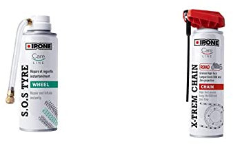 Ipone – Bombe Anti-Crevaison SOS Tyre – 200 ML & Graisse de Chaîne pour Moto Route X-trem Chain Road – Flacon Aérosol à Diffuseur Multi-Positions 250 ML - Tenue Longue durée 800 km