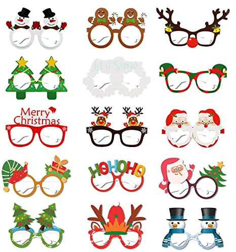 Jodsen 15 Pieces Christmas Paper Glasses Photo Booth Props Novelty Christmas Glasses Frames Masquerade Masks Fiesta Glasses Party Game Eyewear Dress Costume Decoration Party Supplies for Kids